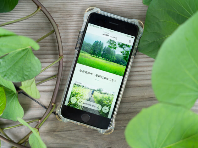 スマホが木製ベンチの上に置かれ、周囲に蔓性植物の緑の葉が見える